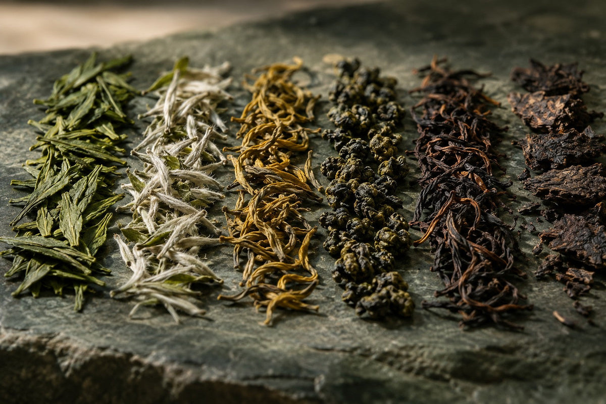 Six Chinese tea families shown as rows of dry leaves on green stone