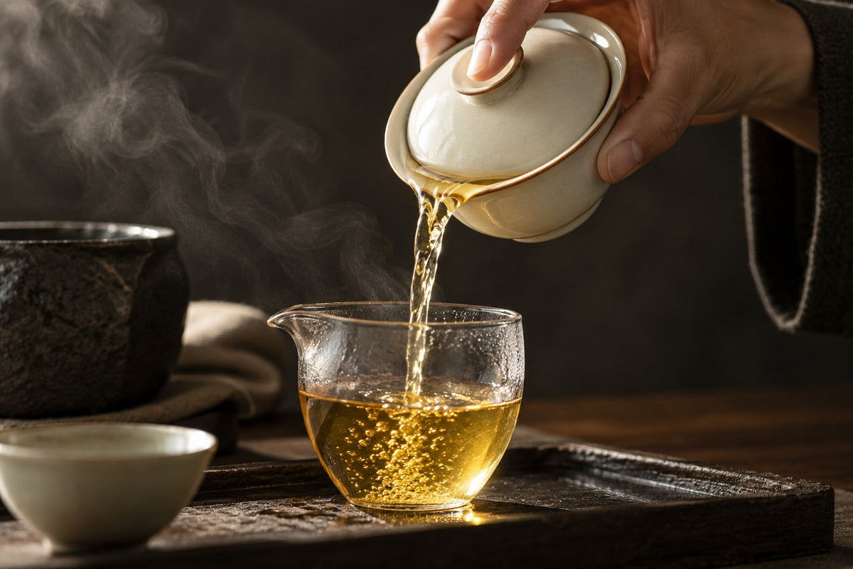 Hand pouring golden tea from a gaiwan into a glass pitcher