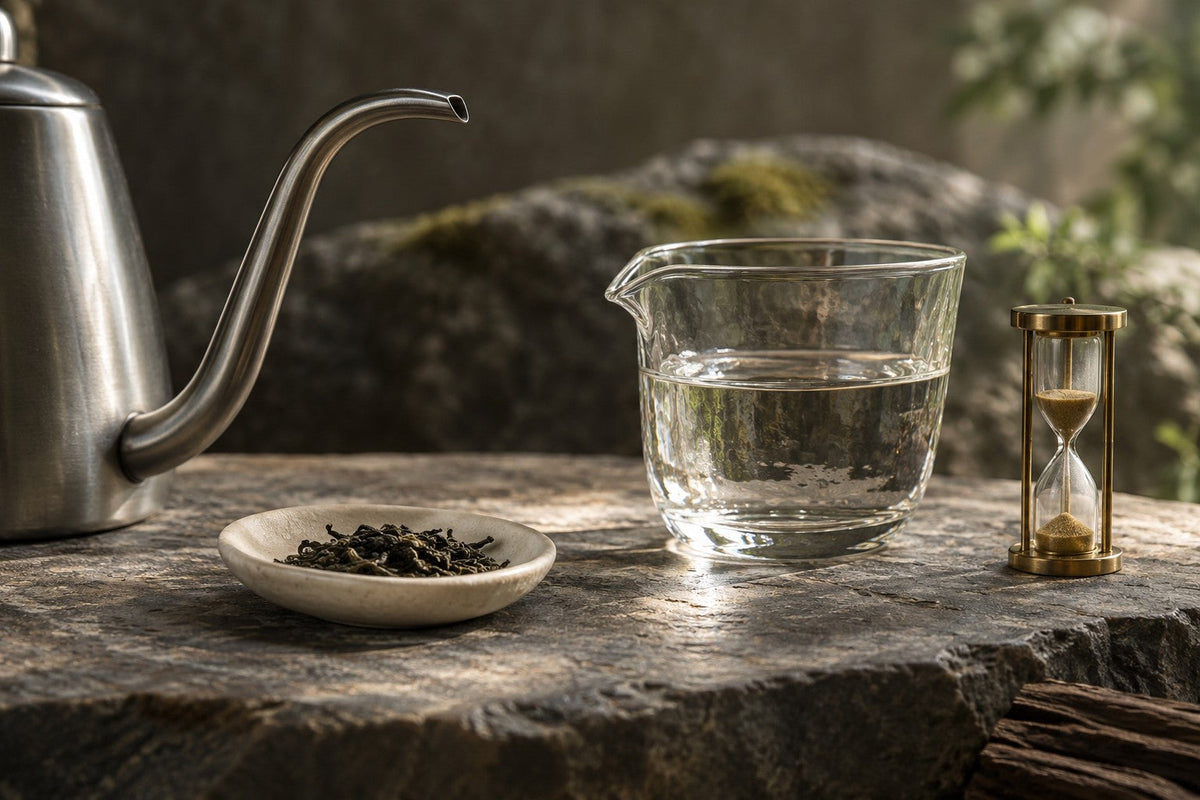 Kettle, clear water pitcher, dry tea and an hourglass on stone