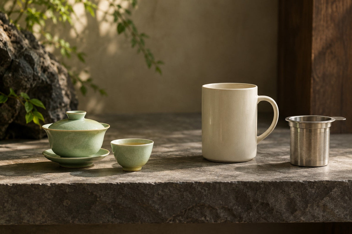 Gaiwan and tasting cup beside a mug and metal infuser
