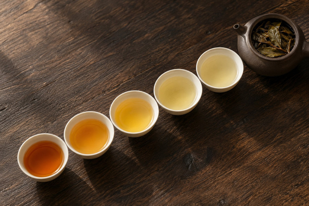 Five cups showing successive tea infusions from amber to pale gold