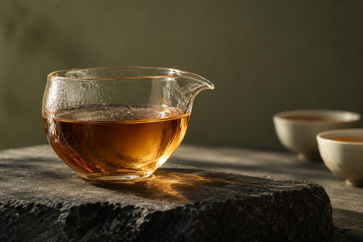 Glass cha hai filled with amber tea on dark stone