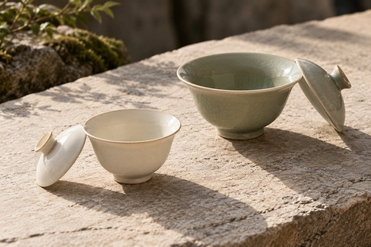 Small ivory and larger sage gaiwans with their lids beside them