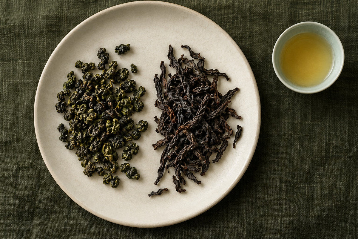 Rolled green oolong and roasted strip shaped oolong side by side
