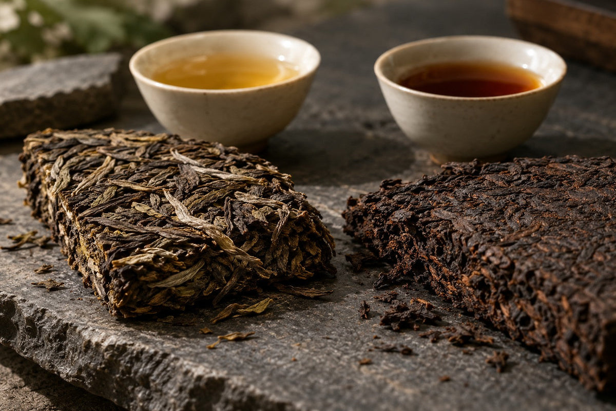 Sheng and shu pu-erh tea pieces with golden and red brown infusions
