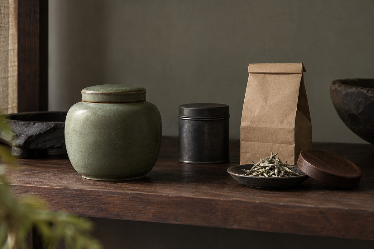 Opaque tea caddy, tin and kraft pouch on a shaded wooden shelf