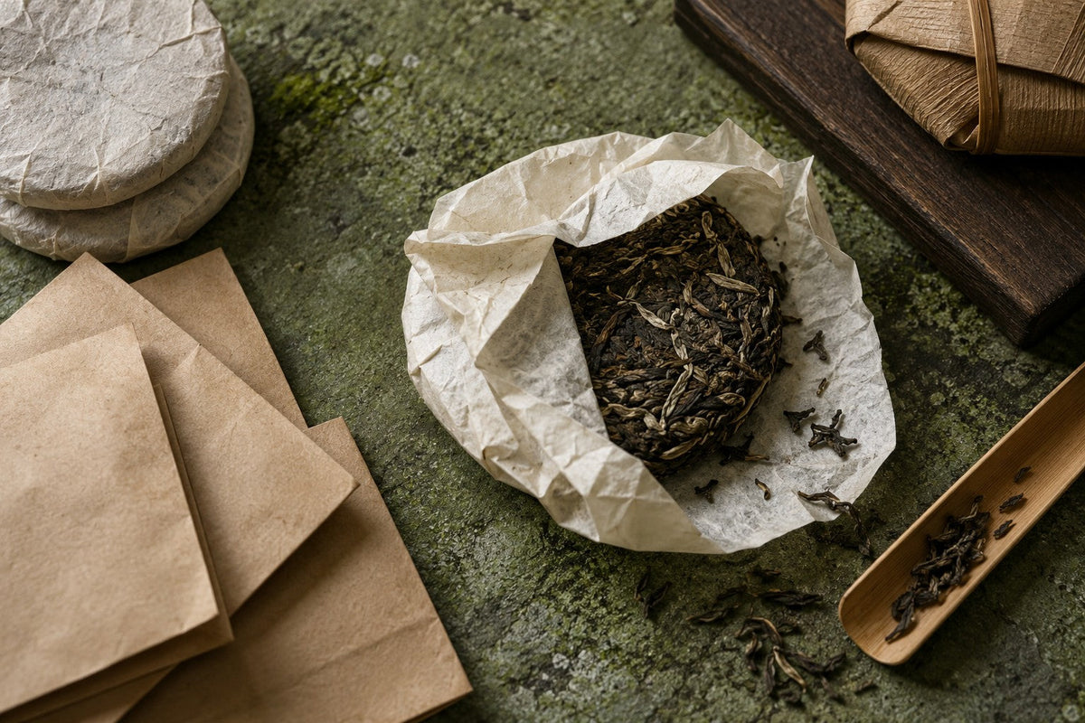 Plain tea envelopes and an opened paper wrapped tea cake
