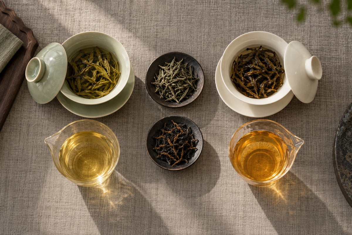 Two gaiwans and pitchers prepared for a side by side tea tasting