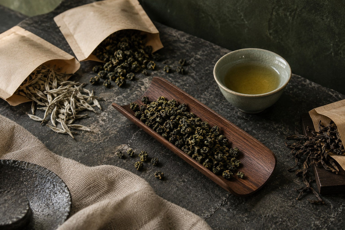 Sacos simples de amostras com diferentes chás de folha solta e uma chávena verde