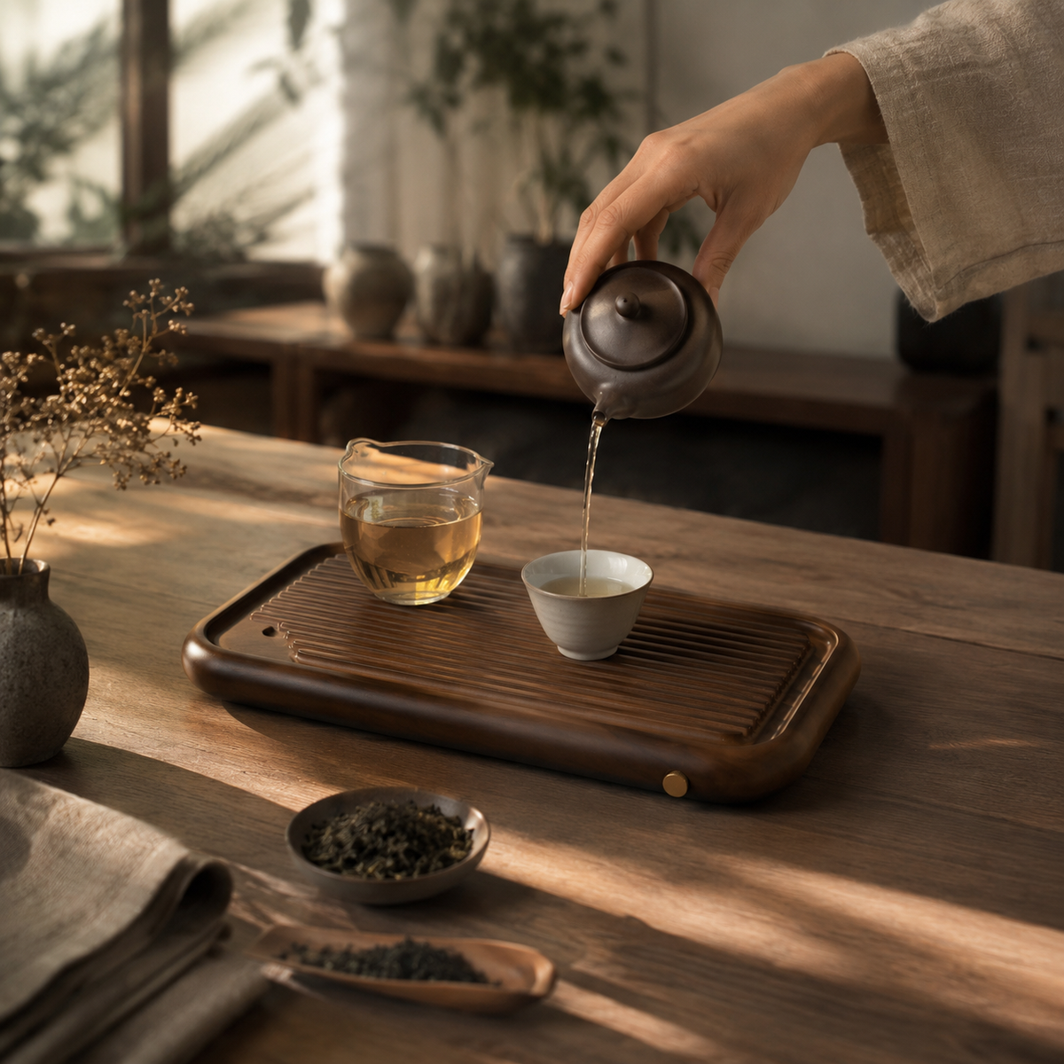 Tea being poured into a glass pitcher on the Chaban bamboo tray