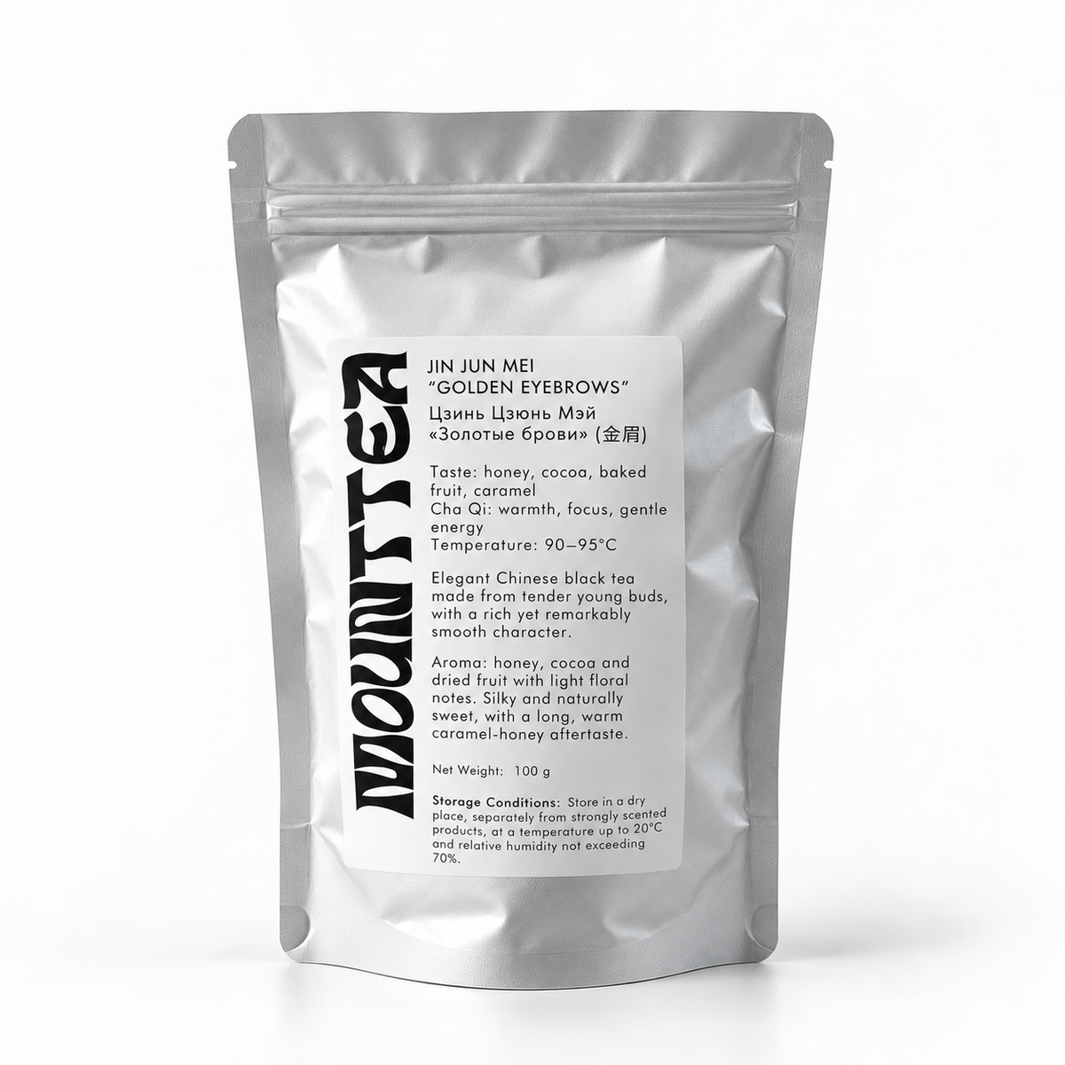 MOUNTTEA Jin Jun Mei tea pouch on a white background