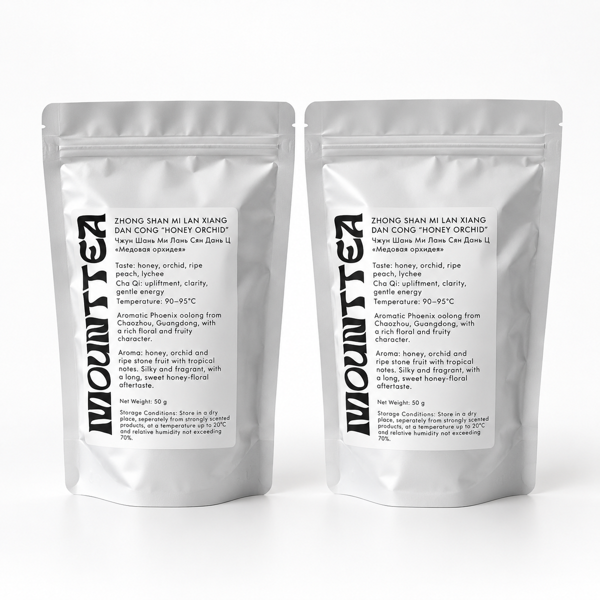 Two MOUNTTEA Zhong Shan Mi Lan Xiang Dan Cong tea pouches