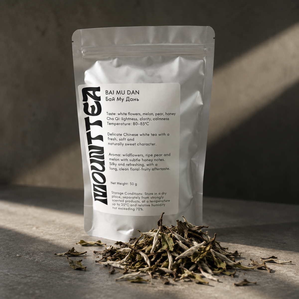 MOUNTTEA Bai Mu Dan white tea pouch with loose leaves