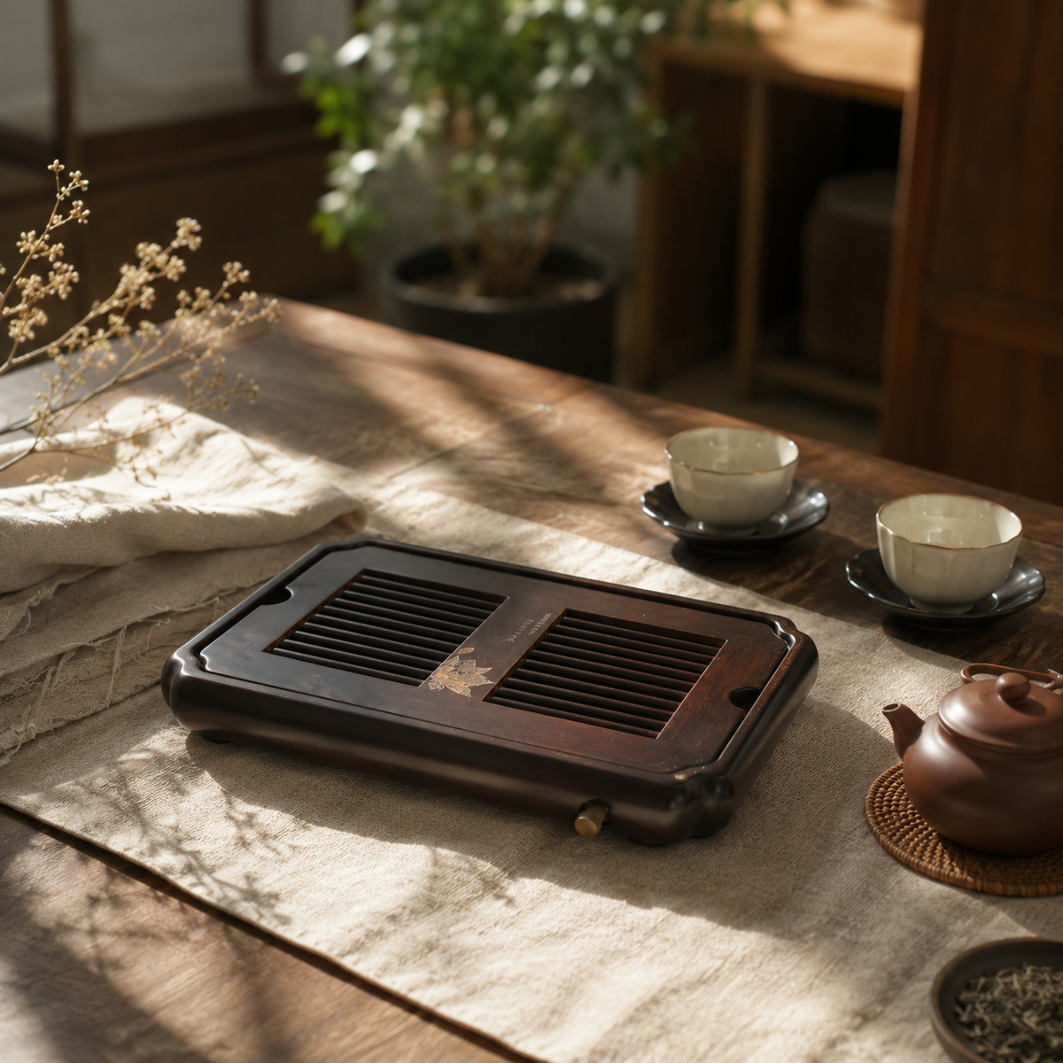 Dark Bamboo Lotus tea tray arranged on a sunlit tea table